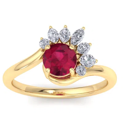 Sselects 1 1/4 Carat Ruby And Marquise Crown Halo Diamond Ring In 14k Yellow Gold In Red