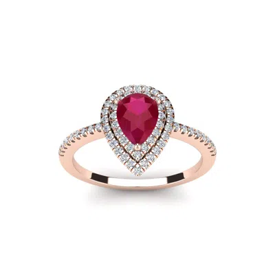 Sselects 1 Carat Pear Shape Ruby And Double Halo Diamond Ring In 14 Karat Rose Gold In Red