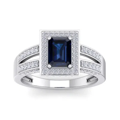 Sselects 1 3/4 Carat Sapphire And Halo Diamond Ring In 14 Karat White Gold In Blue