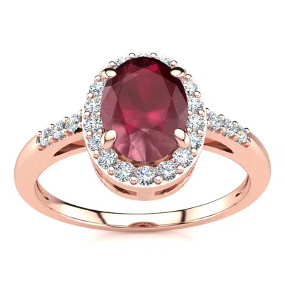 Sselects 1 Carat Oval Shape Ruby And Halo Diamond Ring In 14k Rose Gold In Red