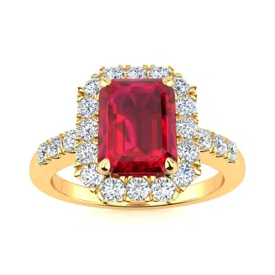 Sselects 2 3/4 Carat Ruby And Halo Diamond Ring In 14 Karat Yellow Gold In Red
