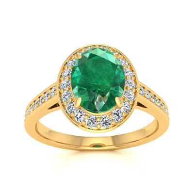 Sselects 1 1/2 Carat Oval Shape Emerald And Halo Diamond Ring In 14 Karat Yellow Gold In Green