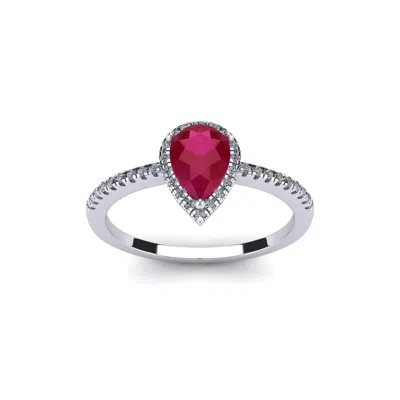 Sselects 1 Carat Pear Shape Created Ruby And Halo Diamond Ring In Sterling Silver In Red