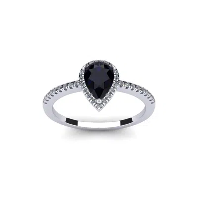 Sselects 1 Carat Pear Shape Created Sapphire And Halo Diamond Ring In Sterling Silver In Black