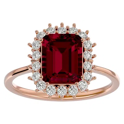 Sselects 3 1/5 Carat Ruby And Halo Diamond Ring In 14k Rose Gold In Red