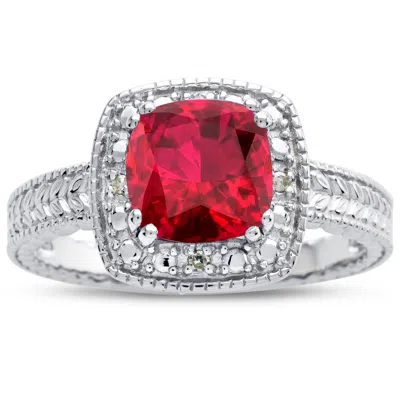 Sselects 1 1/4 Carat Cushion Cut Created Ruby And Halo Diamond Ring In Sterling Silver In Red