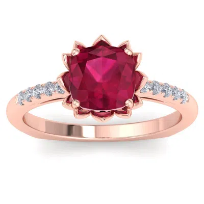 Sselects 1 1/2 Carat Cushion Cut Ruby And Diamond Ring In 14k Rose Gold In Red