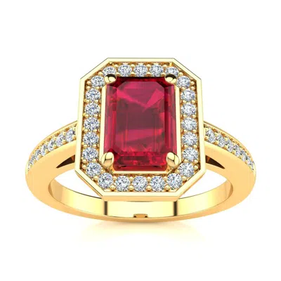 Sselects 1 1/4 Carat Ruby And Halo Diamond Ring In 14 Karat Yellow Gold In Red