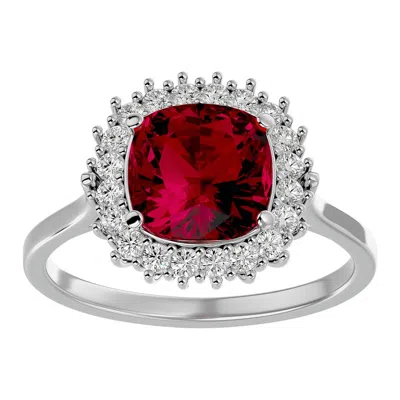 Sselects 3 1/2 Carat Cushion Cut Ruby And Halo Diamond Ring In 14k White Gold In Red