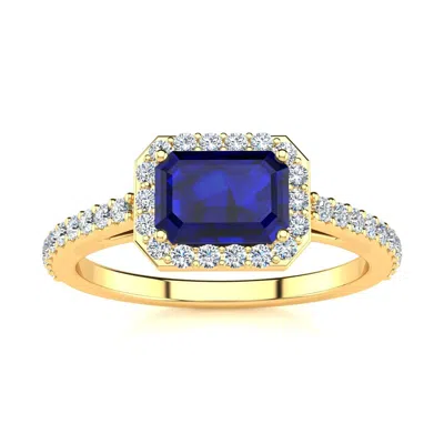 Sselects 1 1/2 Carat Sapphire And Halo Diamond Ring In 14 Karat Yellow Gold In Blue