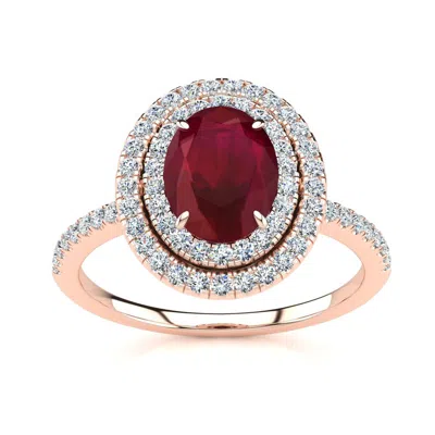 Sselects 2 Carat Oval Shape Ruby And Double Halo Diamond Ring In 14 Karat Rose Gold In Red