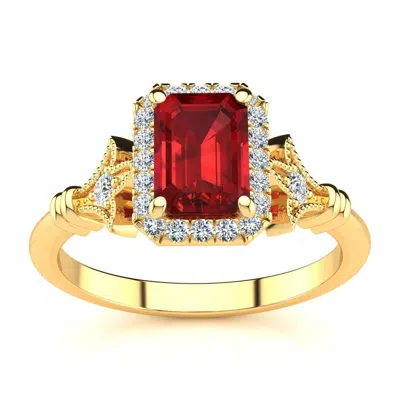 Sselects 1 1/4 Carat Ruby And Halo Diamond Vintage Ring In 14 Karat Yellow Gold In Red