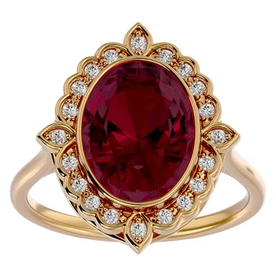 Sselects 1 3/4 Carat Oval Shape Ruby And Halo Diamond Ring In 14 Karat Yellow Gold In Red