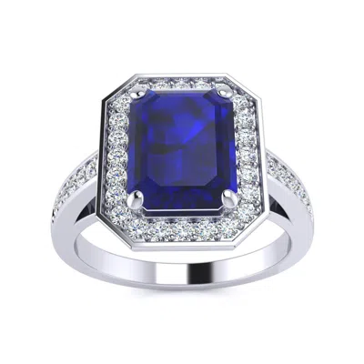 Sselects 2 1/2 Carat Sapphire And Halo Diamond Ring In 14 Karat White Gold In Blue