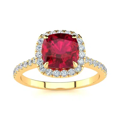 Sselects 2 Carat Cushion Cut Ruby And Halo Diamond Ring In 14k Yellow Gold In Red