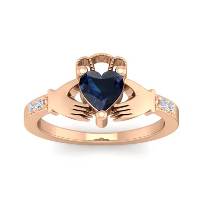 Sselects 1 1/5 Carat Heart Shape Sapphire And Diamond Claddagh Ring In 14 Karat Rose Gold In Black