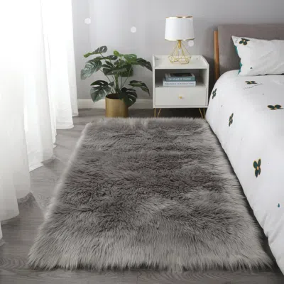 Simplie Fun Cozy Collection Ultra Soft Fluffy Faux Fur Sheepskin Area Rug In Gray