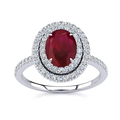 Sselects 1 1/2 Carat Oval Shape Created Ruby And Double Halo Diamond Ring In Sterling Silver In Red
