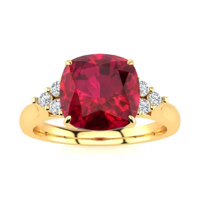 Sselects 3 1/5 Carat Cushion Cut Ruby And Diamond Ring In 14k Yellow Gold In Red