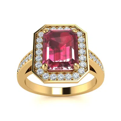 Sselects 2 1/2 Carat Ruby And Halo Diamond Ring In 14 Karat Yellow Gold In Red