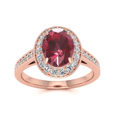 Sselects 1 3/4 Carat Oval Shape Ruby And Halo Diamond Ring In 14 Karat Rose Gold In Red