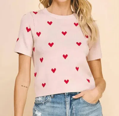 Pinch Heart Short Sleeve Sweater Top In Pink/red