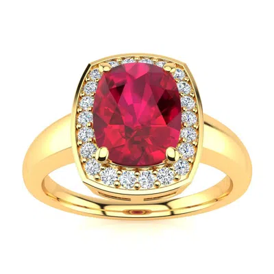 Sselects 3 Carat Cushion Cut Ruby And Halo Diamond Ring In 14 Karat Yellow Gold In Red
