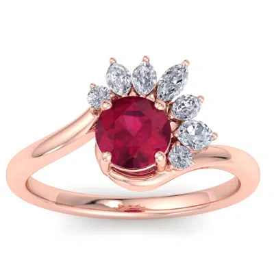 Sselects 1 1/4 Carat Ruby And Marquise Crown Halo Diamond Ring In 14k Rose Gold In Red