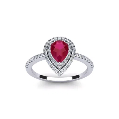 Sselects 1 Carat Pear Shape Created Ruby And Double Halo Diamond Ring In Sterling Silver In Red