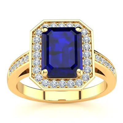 Sselects 3 1/3 Carat Sapphire And Halo Diamond Ring In 14 Karat Yellow Gold In Blue