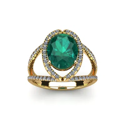 Sselects 2 3/4 Carat Oval Shape Emerald And Halo Diamond Ring In 14 Karat Yellow Gold In Green