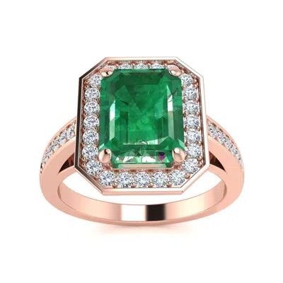 Sselects 1 3/4 Carat Emerald And Halo Diamond Ring In 14 Karat Rose Gold In Green