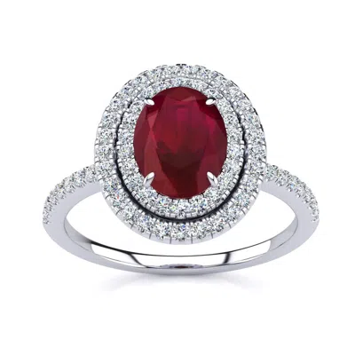 Sselects 2 Carat Oval Shape Ruby And Double Halo Diamond Ring In 14 Karat White Gold In Red