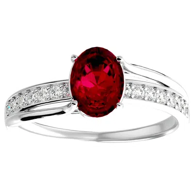 Sselects 1 1/2 Carat Oval Shape Created Ruby And Diamond Ring In Sterling Silver In Red