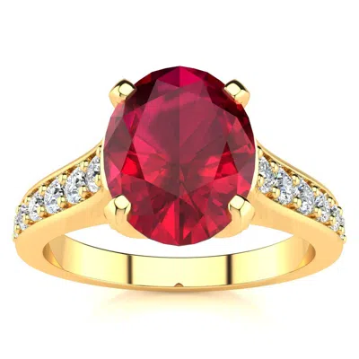 Sselects 3 Carat Oval Shape Ruby And Diamond Ring In 14 Karat Yellow Gold In Red