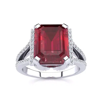 Sselects 4 Carat Emerald Shape Created Ruby And Diamond Ring In Sterling Silver In Red