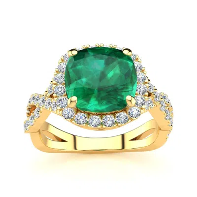 Sselects 2 1/2 Carat Cushion Cut Emerald And Halo Diamond Ring With Fancy Band In 14 Karat Yellow Gold In Green