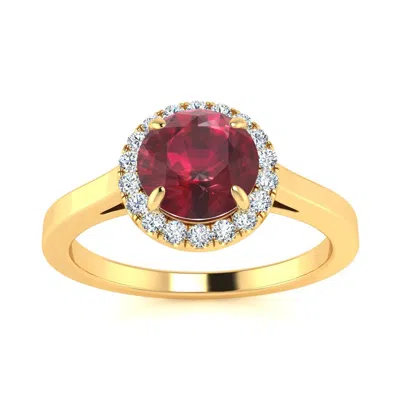 Sselects 1 Carat Round Shape Ruby And Halo Diamond Ring In 14 Karat Yellow Gold In Red