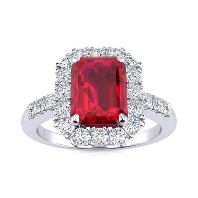 Sselects 2 3/4 Carat Ruby And Halo Diamond Ring In 14 Karat White Gold In Red