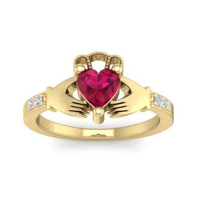 Sselects 1 Carat Heart Shape Ruby And Diamond Claddagh Ring In 14 Karat Yellow Gold In Red
