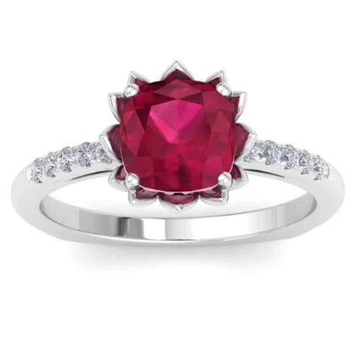 Sselects 1 1/2 Carat Cushion Cut Ruby And Diamond Ring In 14k White Gold In Red