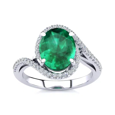 Sselects 2 3/4 Carat Oval Shape Created Emerald And Halo Diamond Ring In Sterling Silver In Green