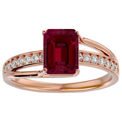 Sselects 2 1/2 Carat Emerald Shape Ruby And Diamond Ring In 14 Karat Rose Gold In Red