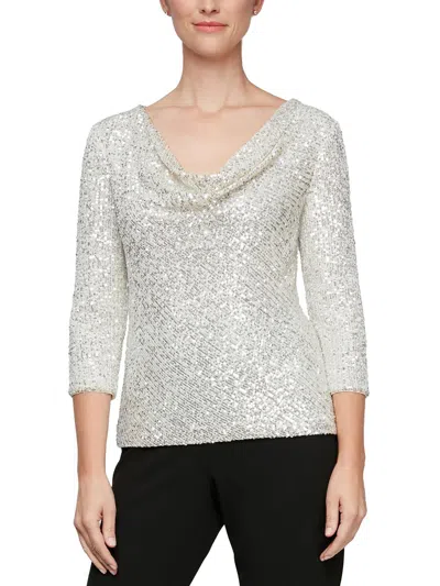 Alex Evenings Petites Womens Sequined Cowlneck Blouse In Silver