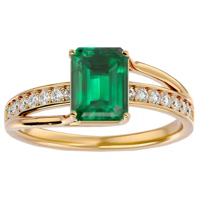 Sselects 1 1/2 Carat Emerald Shape Emerald And Diamond Ring In 14 Karat Yellow Gold In Green