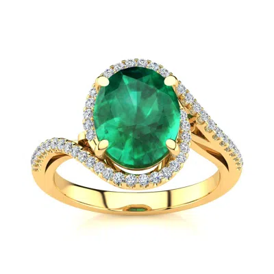 Sselects 2 1/2 Carat Oval Shape Emerald And Halo Diamond Ring In 14 Karat Yellow Gold In Green