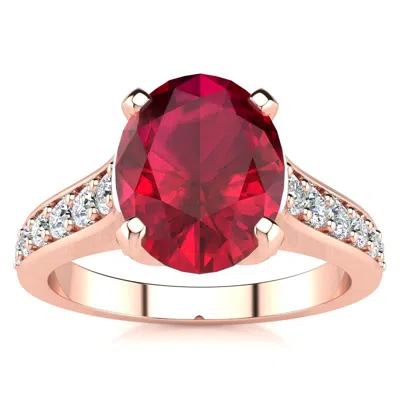 Sselects 3 Carat Oval Shape Ruby And Diamond Ring In 14 Karat Rose Gold In Red