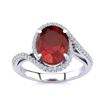Sselects 2 3/4 Carat Oval Shape Created Ruby And Halo Diamond Ring In Sterling Silver In Red