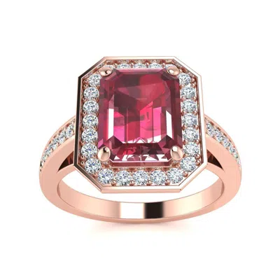 Sselects 2 1/2 Carat Ruby And Halo Diamond Ring In 14 Karat Rose Gold In Red