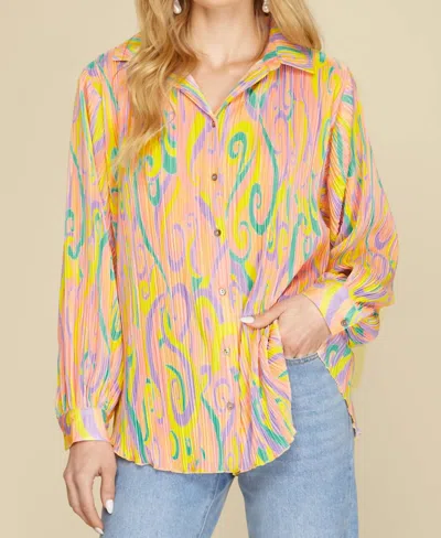 She + Sky Plisse Button Down Blouse In Banana/pink